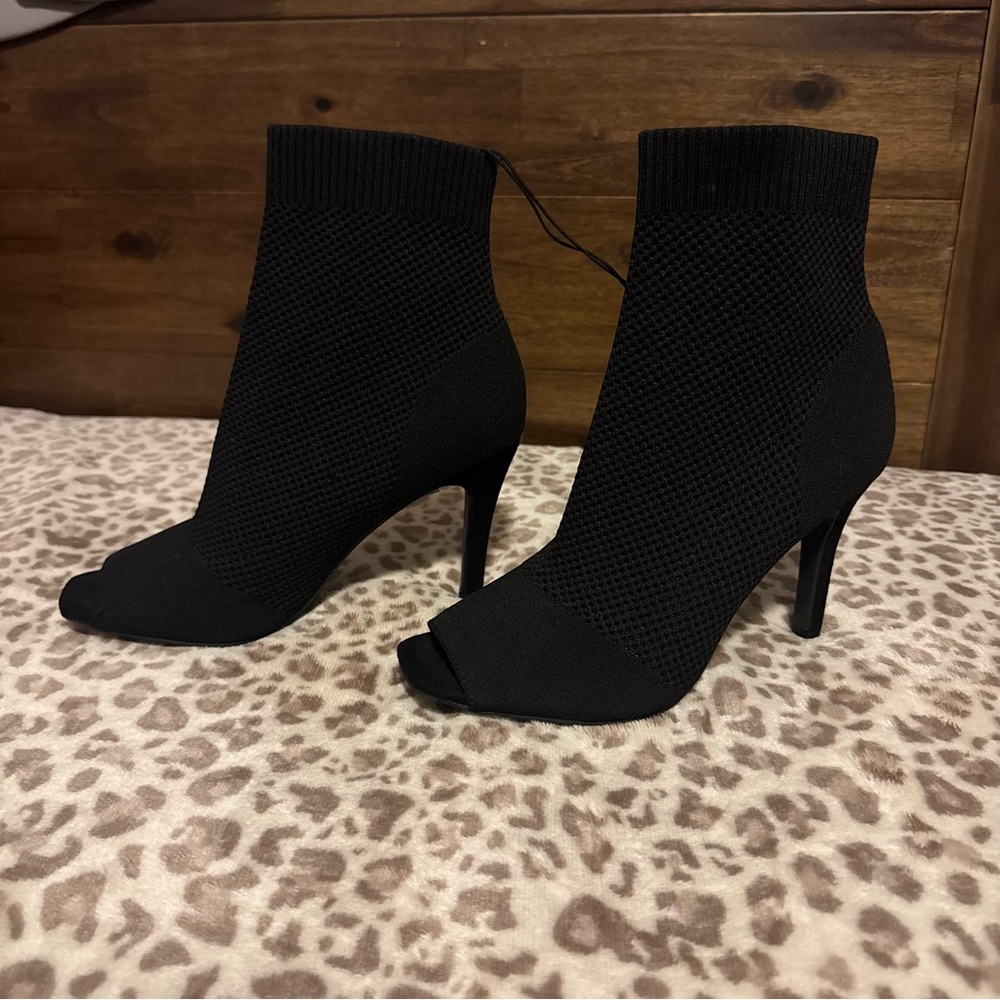 MIA Black Knit Peep-Toe Sock Ankle Heels